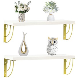 16 inch White and Gold Floating Shelves - Curved Fan-Shaped Design with Built-in Anti-Slip Book Stops|0.71" Thicker Heavy Duty Wall Bookshelf|Floating Book Shelves for Wall,Plant & Home Décor Set of 2