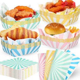 Dunzoom 120 Sets Pastel Paper Food Trays with Grease Resistant Wax Deli Paper Sheet Pastel Christmas Party Supplies Disposable Food Boats with Scalloped Gold Foil for Hot Dog Fries Taco Popcorn