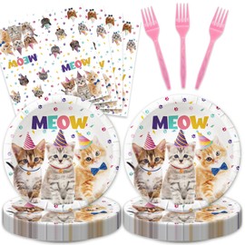 48Pcs Cat Birthday Decorations Meow Baby Shower Paper Plates and Napkins Forks Party Supplies Serve 16 Cat Birthday Party Decorations