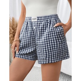 LOMON Boxer Shorts for Women Summer Gingham Cotton Pajamas 2025 Lounge Sleep Pj Plaid Shorts Y2K Beach Bottoms with Pockets (Deep Navy White Plaid M)