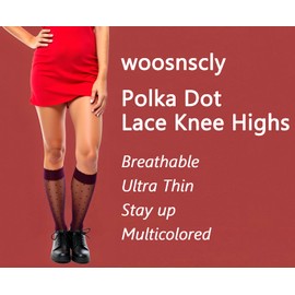 woosnscly Womens Lace Knee High Socks Cute Burgundy Nylon Sheer Knee High Stockings Lolita Mesh Silk Lace Socks Fishnet Stockings Polka Dot Long Tube Calf Mesh Trouser Sock, Burgundy Polka Dots