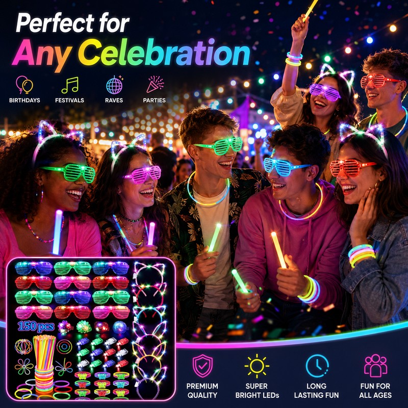 150-Piece Glow Party Favor Set for Night Events – Light