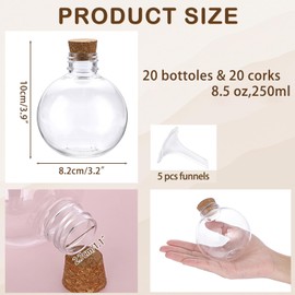 BTSKY 20 Pcs 8 oz Plastic Bottles with Corks, Clear Sand Art Bottles with Funnels, Mini Potion Bottles Essential Oil Containers Candy Boxes for DIY Craft Wedding Party Home Decoration, Ball Shape