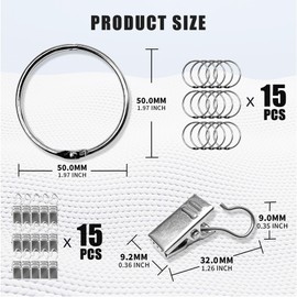 15 Pcs Metal Curtain Rings With Clips, Rustproof Curtain Rings, Heavy-duty Metal Decorative Drape Clip, Suitable for windows, bathrooms, living rooms, and guest rooms etc (50mm Silvery)