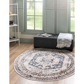 Unique Loom Oxford Collection Area Rug - Sheldonian (7' Round, Cream/ Navy Blue)