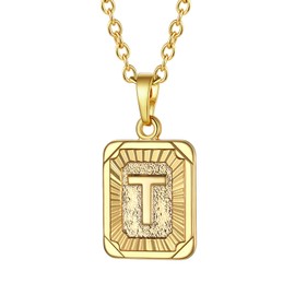 Focalook 26 letters A B C initial letters, pendant with 45 cm / 50 cm Rolo chain, hexagon/rectangle tag necklace for women, girls pendant loop, adjustable gold/ silver available for selection., T