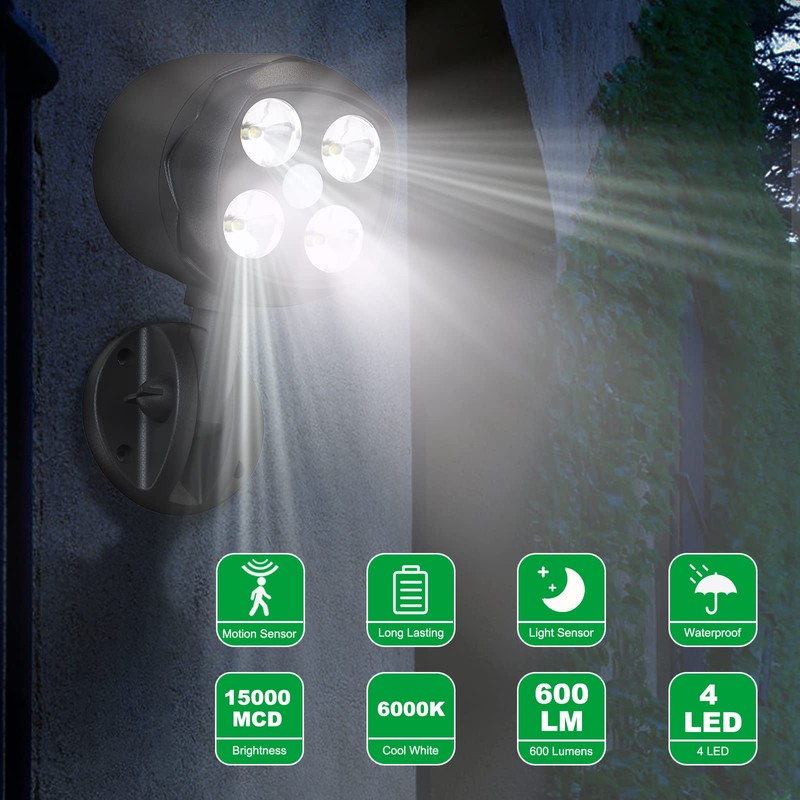 Quiltered Motion Sensor Outdoor Lights, Battery Operated Outdoor Light, 600LM