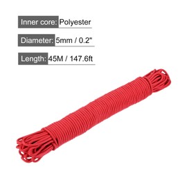sourcing map Polypropylene Rope Braid Cord 45M/147.6ft 3/16" 5mm Red for Indoor Outdoor Camping Clothes Line