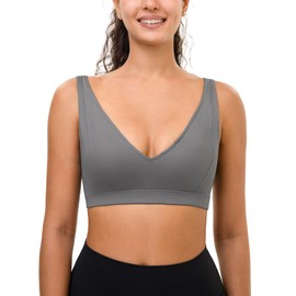 Luvrobes Women's Sports Bras High Impact - V Neck Padded Support Workout Yoga Wider Straps Fitness Crop Tank Top(Grey,XL)