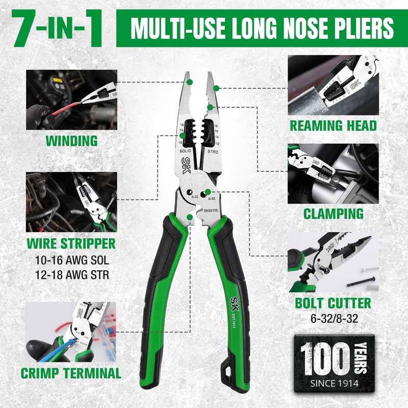 SK 8-Inch Multi-use Long Nose Pliers, Needle Nose Pliers, 7