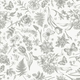 Heroad Peel and Stick Wallpaper Grey Floral Wallpaper Vintage Butterfly Fern Leaves Tulip Retro Contact Paper for Cabinets Bedroom Removable Waterproof Self-Adhesive Decor Vinyl 17.3" x 78.7"