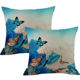 JiangLANY Blue Floral Spring Lily Butterfly Print Cushion Covers 18x18 inch Oriental Flower Garden Pattern Linen Cotton Decorative Square Pillow Case Cover for Living Room Garden Sofa Chair,2 Pack
