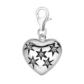 Quiges 3D Heart and Stars Clip On Charm Pendant with Cubic Zirconia Silver Plated Women's Jewellery