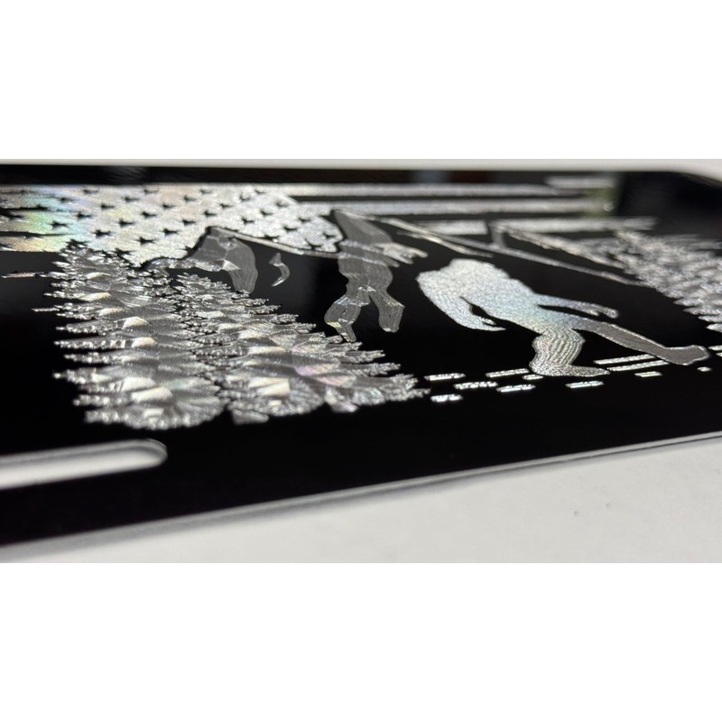 Engraved Big Foot Sasquatch US Flag Car Tag Diamond Etched