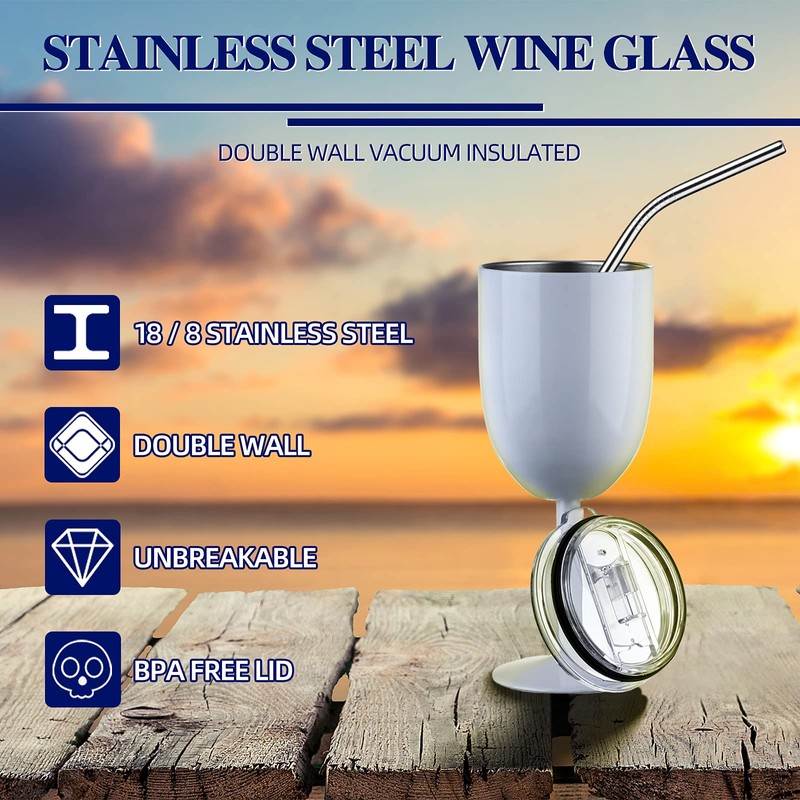 Stemmed Stainless Steel Wine Glasses with Lid Double Wall Insulated