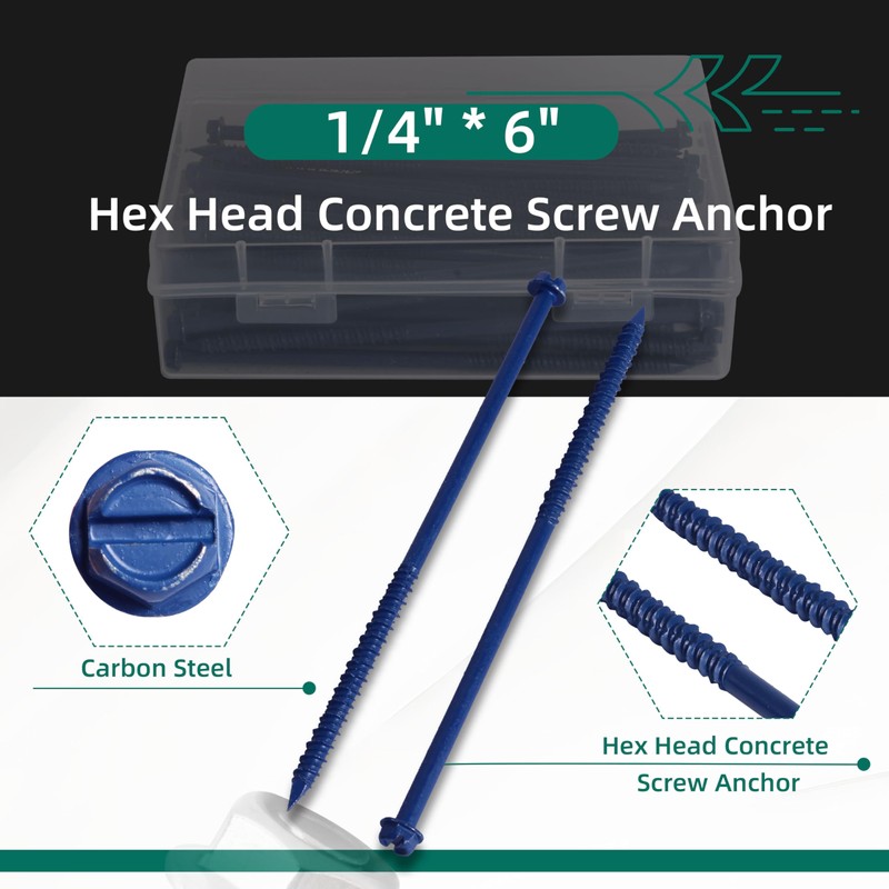 Riyhch 100-Pack 1/4" * 6" Hex Head Concrete Screw Anchor,