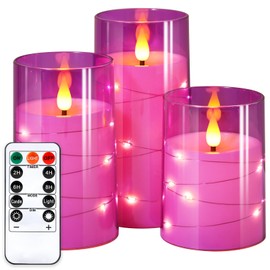 NURADA Flickering Flameless Candles: Built-in Star String Lights 3D Wick Acrylic Battery Operated LED Pillar Candles with Remote and Timer for Table Wedding Centerpieces Party 3 Pack Purple