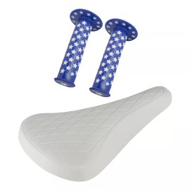 PRO+ White Diamond Saddle & Blue Star Grips BMX BIKE