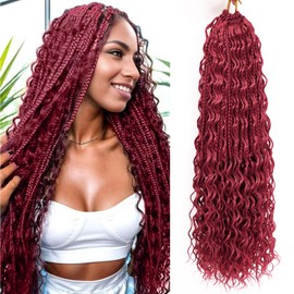 Red Goddess Box Braids Crochet Hair With Curly Ends 24 Inch Burgundy Bohomian Box Braids Crochet Braids 7 Packs 3X Crochet Braids Synthetic Braiding Hair Extension for Black Women, Bug
