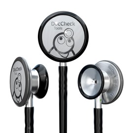 DocCheck "Lausch" Stethoscope - Double Head Chestpiece, Thick-Walled Single Tube System, Adjustable Ear Hooks, Includes Name Tag & Spare Parts Set, Latex-Free, 77 cm, 190 g (Black)