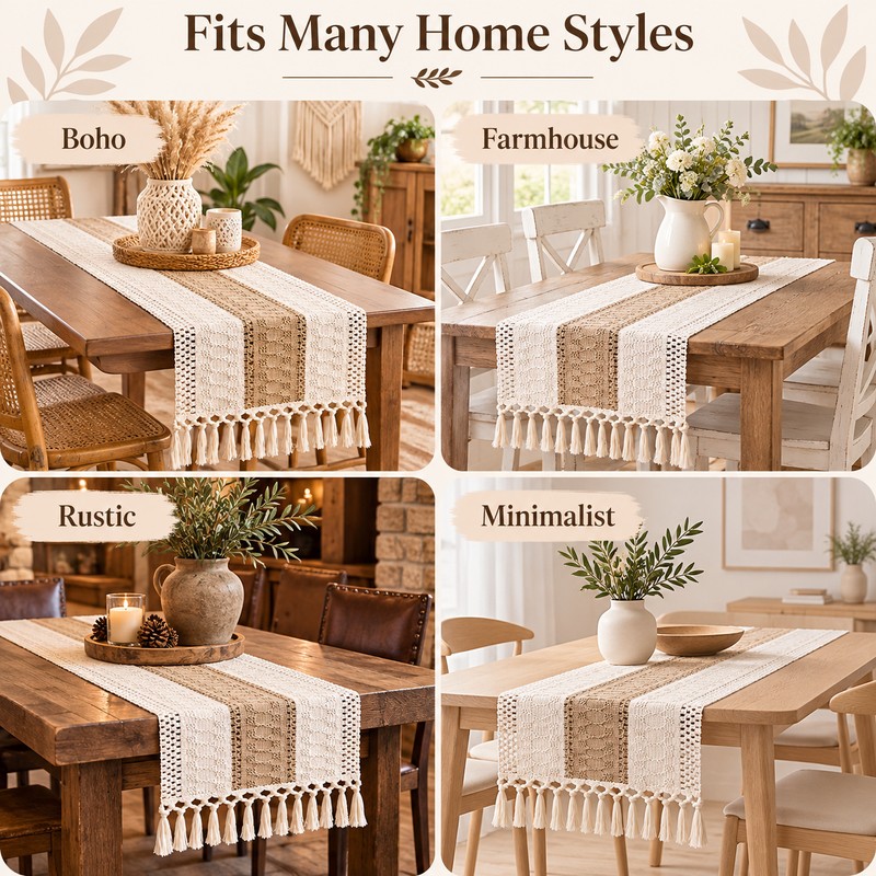 Boho Table Runner for Dining Room Decor – Cream &