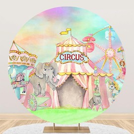 AOFOTO 7.5x7.5ft Circus Carnival Round Backdrop Cover Pink Circus Big Top Tent Carousel Ferris Wheel Circle Background for Kids Birthday Party Decoration Supplies Newborn Baby Shower Photoshoot Props