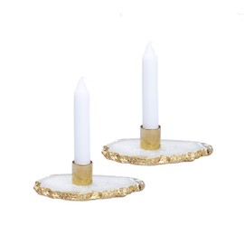Classic Touch Decorium Flat White Agate Stone Candle Holder with Gold Border