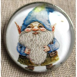 NEW GLASS DOME PIC BUTTON - SHORT HEAVIER GNOME W LONG GRAY BEARD & BLUE HAT