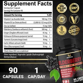 Elderberry Extract Capsules - 4015mg Herbal Equivalent - 9 in 1 Herbal Supplement for Antioxidant & Immune Support - Enhanced with Vitamin C, Vitamin D3, Ginger Root - 3 Month Supply