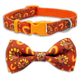 Thanksgiving Dog Collar with Bow Tie Set, Holiday Turkey Pattern Pet Collar for Small Medium Large Dogs, Cute Adjustable Puppy Collar with Quick Release Buckle