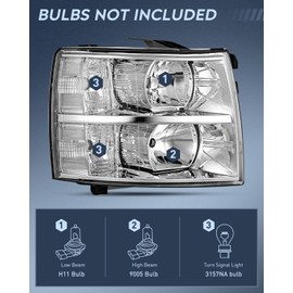 Nilight Headlight Assembly Compatible with 2007 2008 2009 2010 2011 2012 2013 Silverado 1500 2007 2008 2009 2010 2011 2012 2013 2014 Silverado 2500HD 3500HD Replacement Chrome Housing Clear Reflector