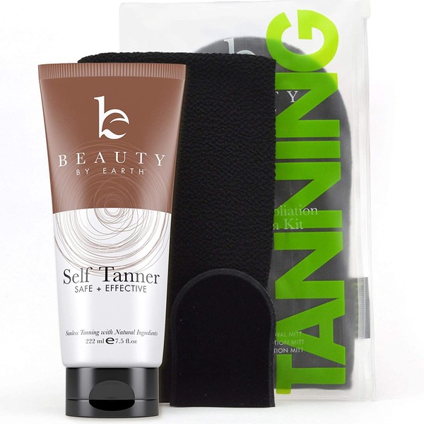 Self Tanner & Tanning Mitt Set – Tanning Lotion with Organic Aloe Vera & Shea Butter for Bronze Natural Looking Fake Tan, Mitt Set Includes Exfoliating Glove, Body Applicator and Face Applicator