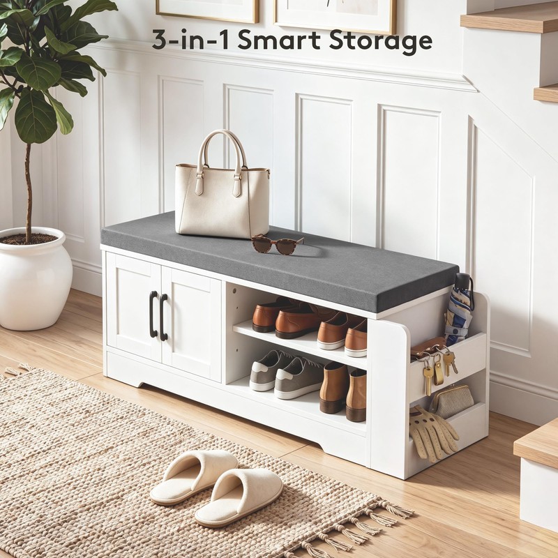 GRUSIGN 39.6" Shoe Storage Bench with Cushion, Entryway Shoe Cabinet,