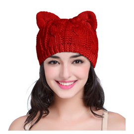 V28 Women Men Girls Boys Teens Cute Cat Ear Knit Cable Xmas Hat Cap Beanie Kitten Red Medium