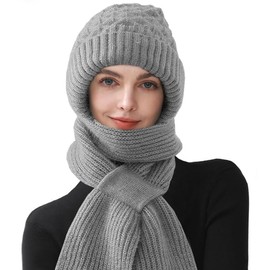 CheChury Knitted Hat with Scarf Attached Womens 2 in 1 Winter Fleece Lined Knitted Beanie Hooded Scarf Integrated Ear Protection Windproof Cap Scarf Warm Hat and Scarf Set for Women,Grey