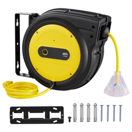 Happybuy Retractable Extension Cord Reel, 65 FT, Heavy Duty 12AWG/3C SJTOW Power Cord with Lighted Triple Tap Outlet, 15 Amp Circuit Breaker, 180° Swivel Bracket for Ceiling/Wall Mount