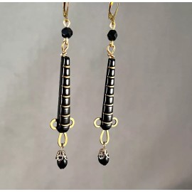 Artisan Egyptian Revival, Deco Styled Drop Earrings, Black, Gold Stripes, Czech Glass