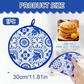 1 Pcs 12 Inch Tortilla Warmer Pouch,Blue Pattern Microwave Tortilla Warmer Fabric Pouch,Microwavable Insulated tortilla Holder,Keeps Naan and Pizza Rolls Warm for One Hour,for Family Feasts