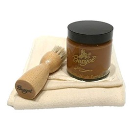 Shoe Care Set with Burgol Shoe Pomade Light Brown Pot Brush for Application and Cotton Cloth, light brown