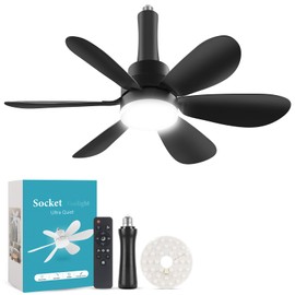 We Charger Light Socket Fan, E26 Light Bulb Fan with Spare LED Replacement Board, Socket Ceiling Fans with Lights and Remote Dimmable for Garage Laundry Kitchen Storeroom Black