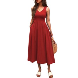 Mieazom Women Summer Sleeveless Casual Dresses Pleated Waist Elegant Midi A-Line Flowy Swing Dress Sundress with Pockets Red M