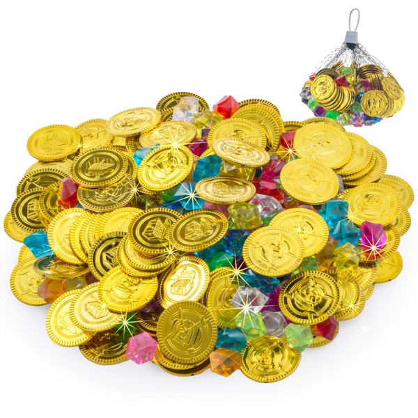 FORMIZON 100 x Pirate Gold Coins and 100 x Pirate Gems Jewellery Set for Party Favours