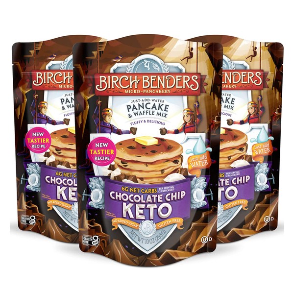 Birch Benders Keto Chocolate Chip Pancake & Waffle Mix with Almond/Coconut & Cassava Flour, Just Add Water, 10 Ounce (Pack of 3)