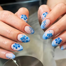Blue Press on Nails Almond Short Fake Nails Spring Summer Hibiscus Acrylic Nails Elegance Blue Floral Glue on Nails Artificial Glossy Reusable Full Cover Stick on Nails for Women French Nails 24Pcs