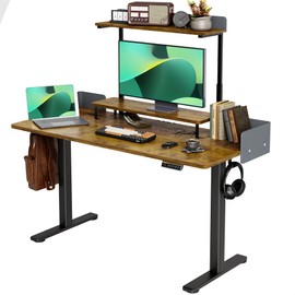 Claiks Electric Standing Desk with Removable Shelves, 55 x 24 Inches Height Adjustable Desk with Adjustable Monitor Stand, Stand Up Computer Workstation, Rustic Brown