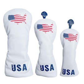 USA Golf Club Covers Set,Driver Headcover Hybrid Headcover and Fairway Wood Head Covers, Premium PU Leather White Golf Head Covers for Woods and Driver,Golf Gifts for Men Golfers