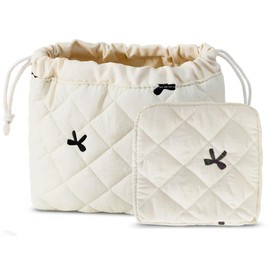 HAPPYHEIDI Quilted Nylon Drawstring Makeup Bag Set 2 Compartment Cosmetic Toiletry Travel Pouch, Purse Organizer, Creamy White Embroidery Bow