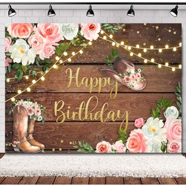 SVBright Cowgirl Birthday Backdrop for Woman 7Wx5H Western Rustic Country Wooden Plank Pink Flower Happy Birthday Baby Shower Wood Hat Retro Decoration Photography Background Banner Photo Booth Studio