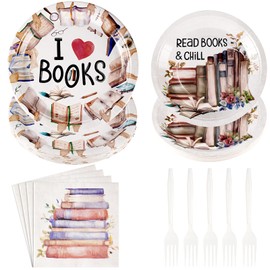 96 Pcs Books Book Club Party Supplies Books Themed Party Decorations Tableware Set Includes Book Plates Book Club Napkins Forks for Kids Library Party Book Club Reading Party Table Decor Serves 24