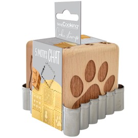 ScrapCooking 5124 Cat Wooden Baking Stamp with 1 Cookie & Cube Cookie Cutter Decoration with 5 Sides Embossed Relief